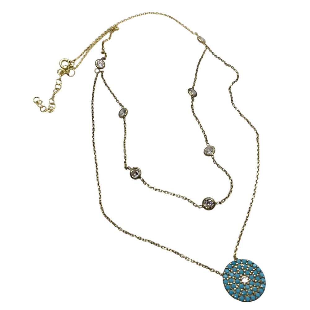 TR 2-Tier Layered CZ Accent Pendant 15'' Necklace Gold Over‎ Sterling Silver